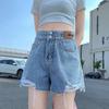 Pants Fashion Versatile Light-colored Ultra-high-waisted Women's Summer Broken Holes Loose Thin Wide-legged A-line Burlap Denim Shorts Individuality
