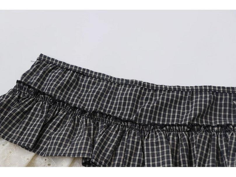 Женская ретро-юбка в клетку с вышивкой, кружевом и пэчворком, черная, с занавеской, скрывающей живот