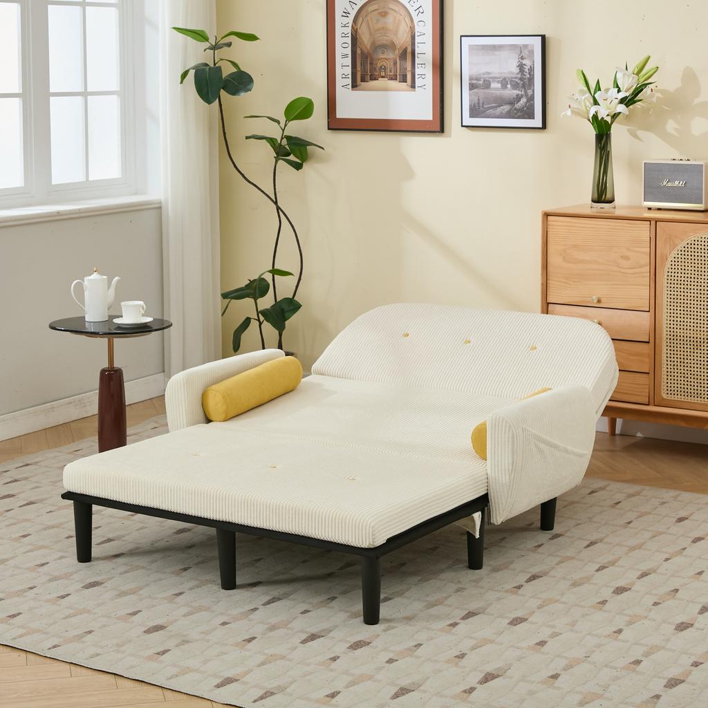 Ivory-Colored Corduroy Loveseat Sofa for the Living Room, as Daybed and Recliner with Storage Space.