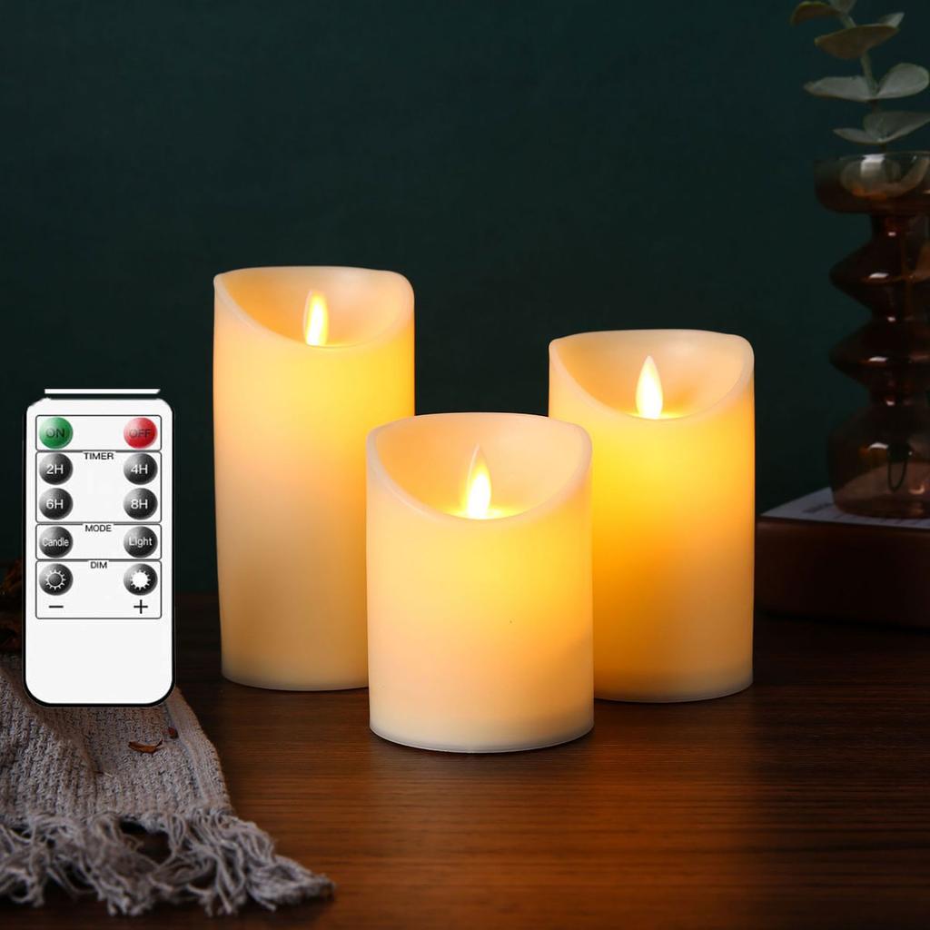 Pack of 3 Flameless Moving Wick Pillar Candles With Remote Control,Plastic Yellow Light Dancing Decorative Wedding Candles