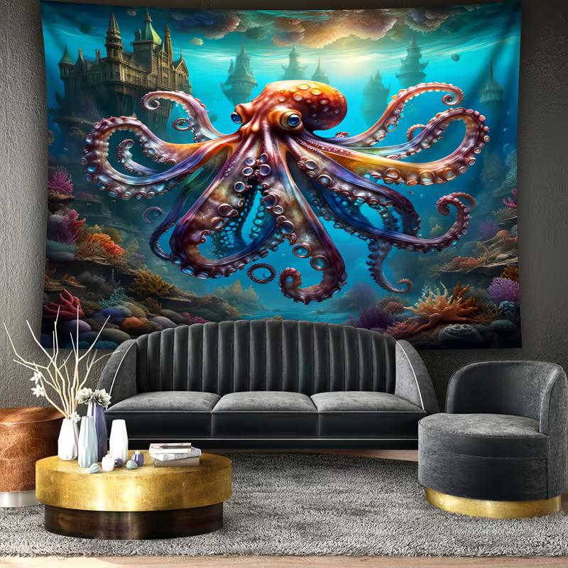 2D Underwater Castle Octopus Tapestry Colorful Coral Ocean Wall Hanging
