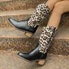 Модные сексуальные женские леопардовые сапоги с острым носком до середины голени из искусственной кожи с толстым каблуком в стиле пэчворк, размер плюс 43, осенне-зимняя женская обувь для подиума