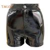 Женские шорты с высокой талией и пуговицами на молнии, шорты из искусственной кожи с подъемом бедер, глянцевые цветные эластичные шорты, одежда для ночного клуба