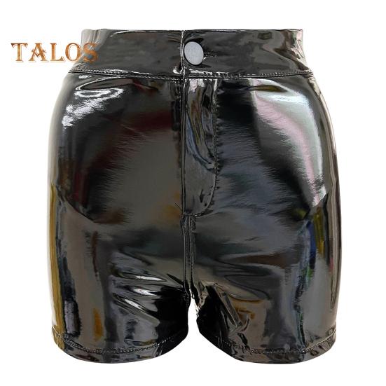 Женские шорты с высокой талией и пуговицами на молнии, шорты из искусственной кожи с подъемом бедер, глянцевые цветные эластичные шорты, одежда для ночного клуба