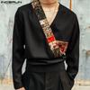 Vintage Men Front Cross V Collar Long Sleeve Patchwork Loose Shirts T-shirts