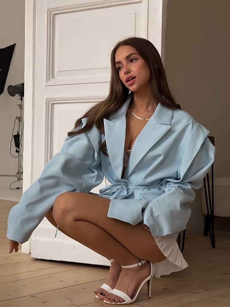 Женский пиджак-жакет с поясом и подплечниками - Европейский и американский стиль, Элегантный офисный блейзер