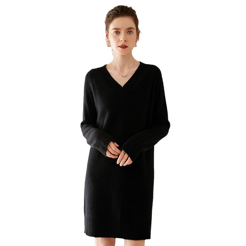 2024 Autumn Winter Women's V-Neck Cashmere Long Sleeve Sweater and Mid-Length Wool Skirt Set