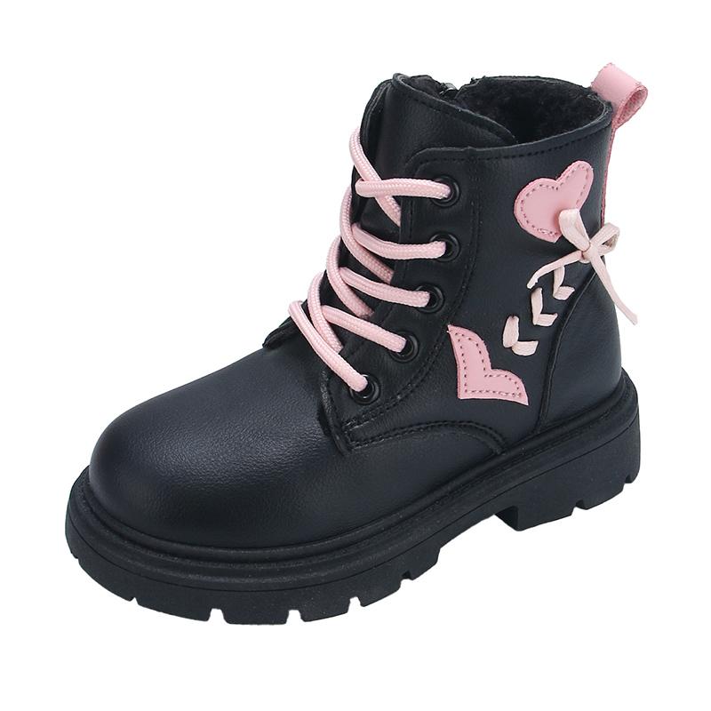 Children Fashion Boots Girls Ankle Boots Pink Elegant Zipper Cool Love Pattern Kids Princess Leather Boots Non-slip Size 26-37