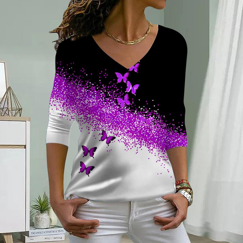 Oblique Butterfly Print Women Tshirts Ladies Tops Long Sleeve V-neck Pullover Femme T-shirts T Shirt For Women