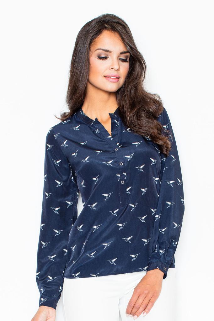 Elegant women' collarless shirt with birds - navy blue M254 size