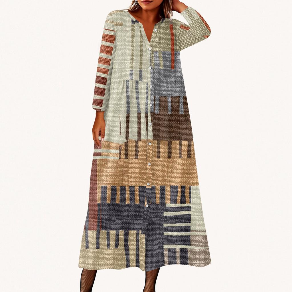 Женское модное платье-рубашка свободного кроя с принтом, круглым вырезом и рукавами семь четвертей на пуговицах