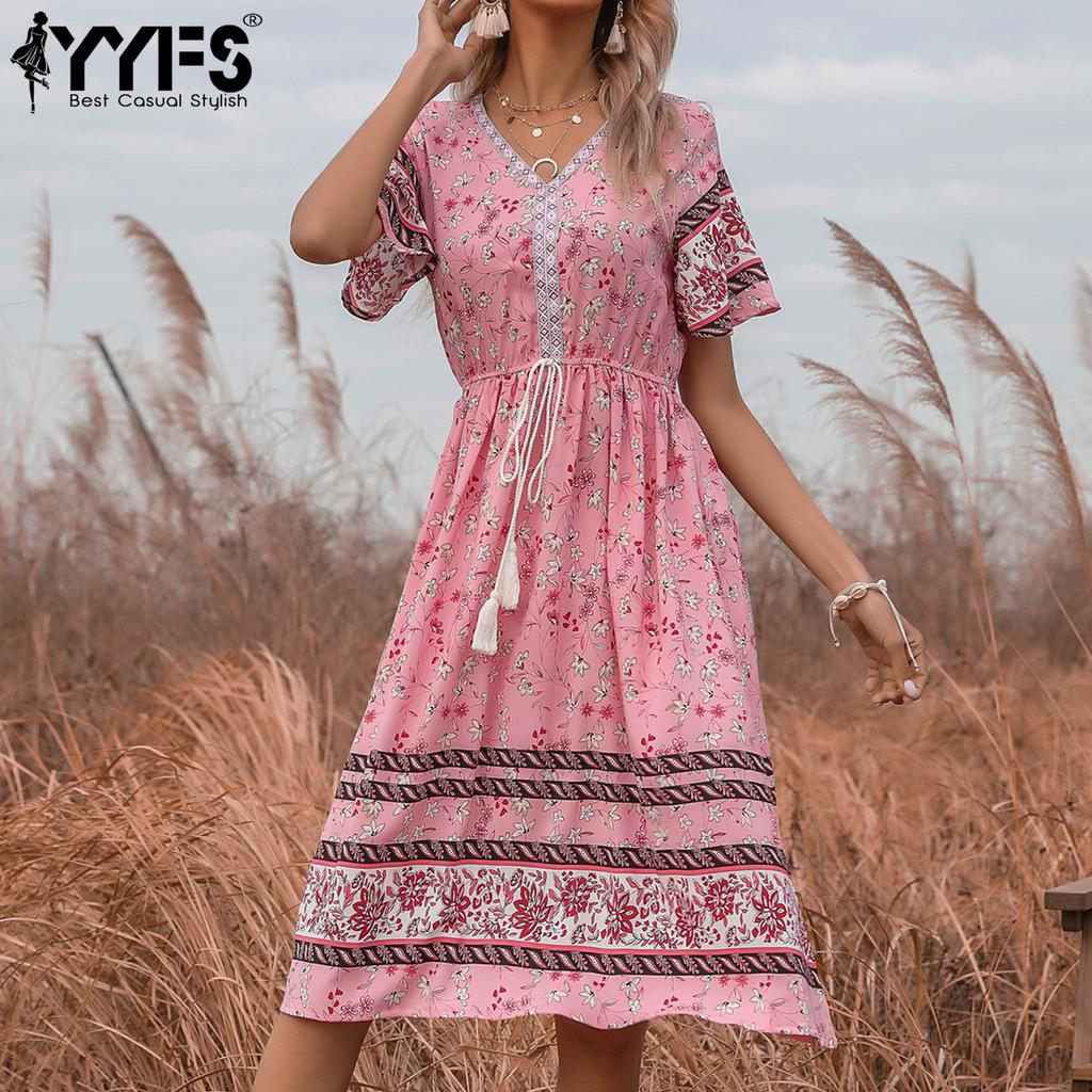 YYFS Women's Vintage Bohemia Summer Spring Floral Print Short Sleeve V-Neck Casual Dresses