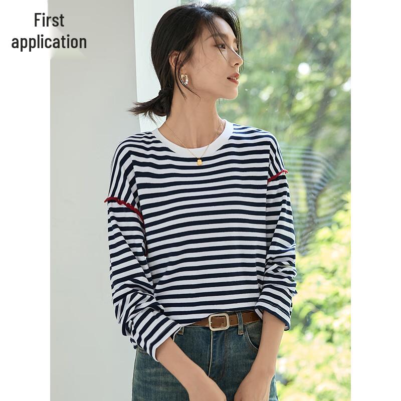 Women's Striped Color Block Embroidered Long Sleeve T-shirt