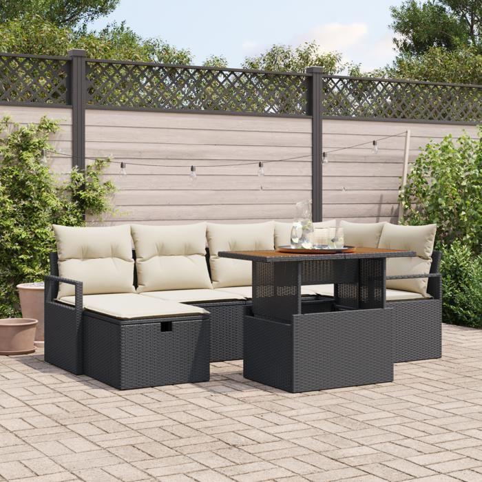 Ensemble de 7 Pièces de Canapés de Jardin avec Coussins Noir Rattan Poly, Canapé de Jardin 2 Places avec Coussins Noir 3359995