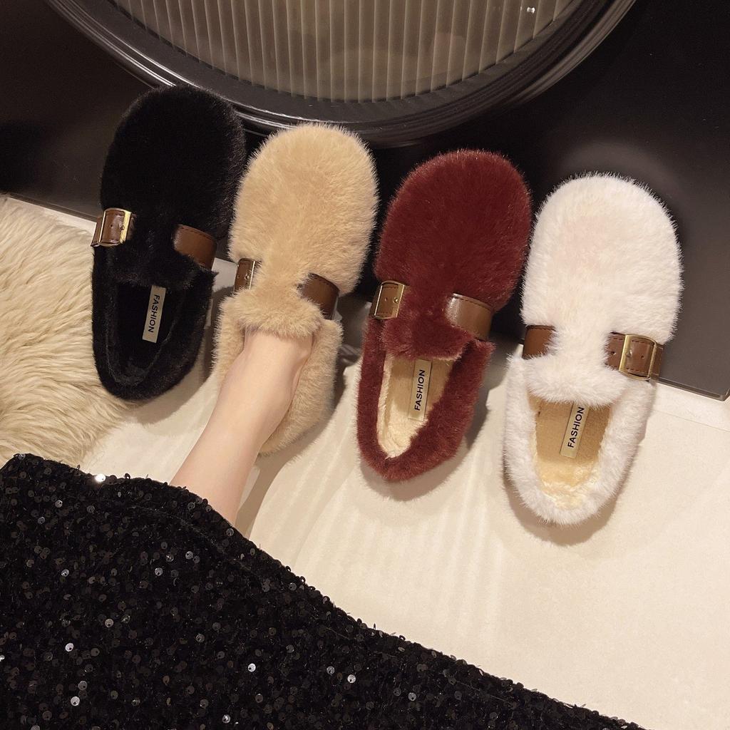 Wear French Fluff 2025 New Velvet Cotton Shoes Single Shoes Doudou Autumn and Winter Fluffy Shoes Female Mary Jane One Pedal