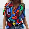 2023 Summer Facial Art Iridescent 3d Abstract Painting Women's V-neck T-shirt Loose Casual Street Multi-color Top For Girls