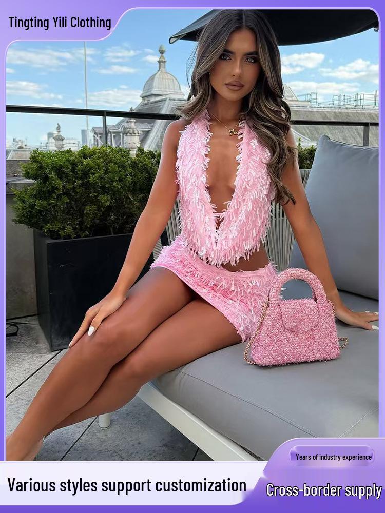 Европейский и американский сексуальный комплект с халтером, V-образным вырезом и облегающей короткой юбкой для женщин