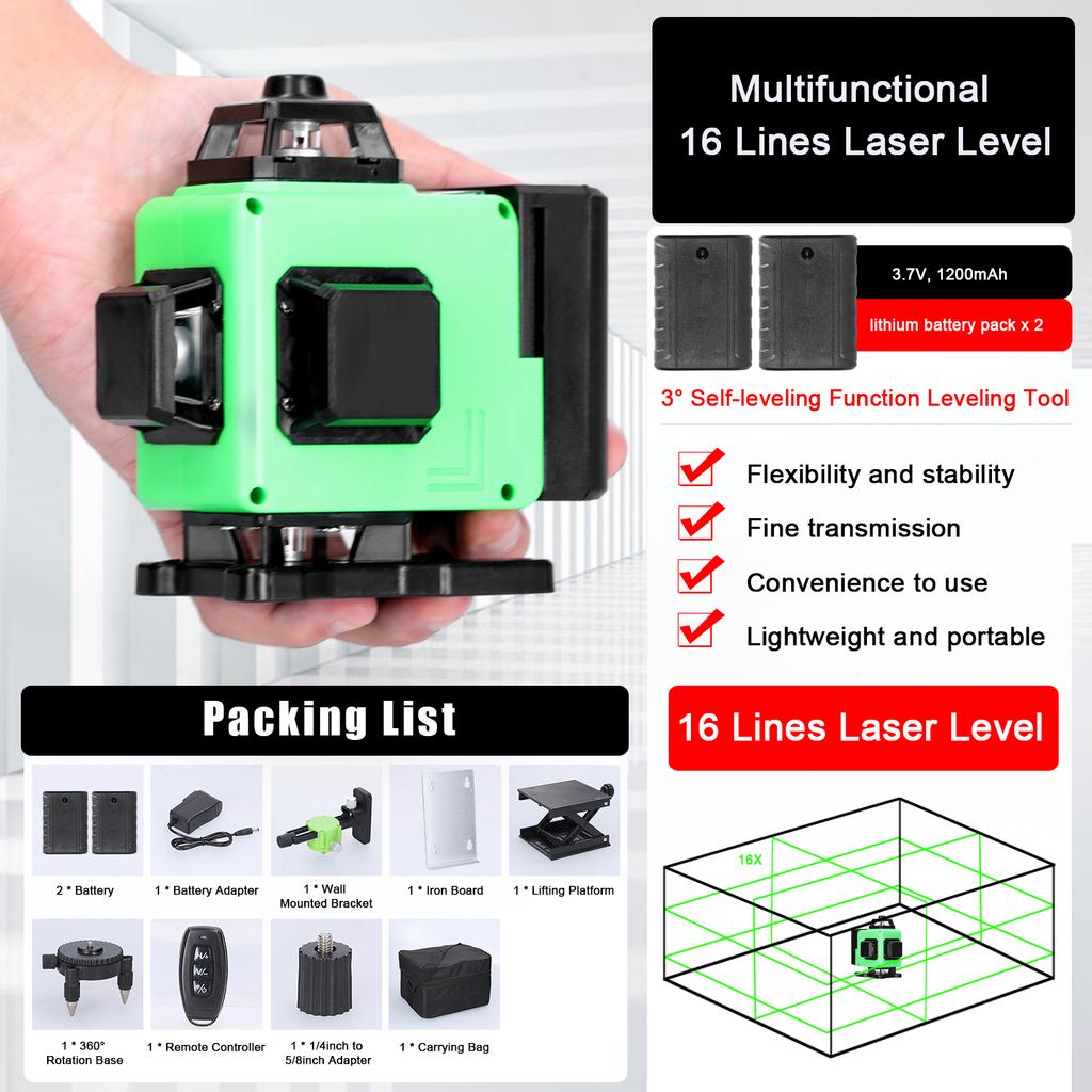 Многофункциональный 16-линейный лазерный уровень, 3 градуса, самовыравнивающаяся машина, перезаряжаемая литиевая батарея, нивелирующая машина