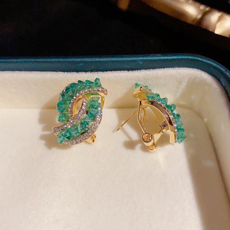 Temperament Emerald Exquisite Niche Design Diamond-Encrusted Geometric Earrings Trendy Light Luxury High-End Stud Earrings