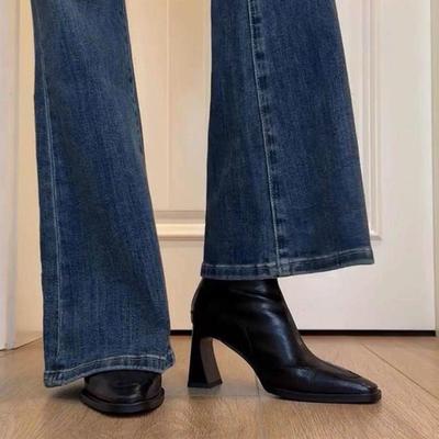 Французские ретро ботильоны на толстом каблуке с квадратным носком для женщин - Осень Зима Универсальные Облегающие Коричневые Черные.