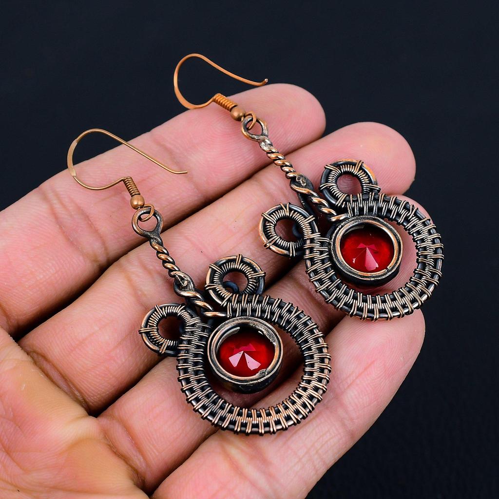 Garnet Gemstone Handmade Pure Copper Wire Wrapped Amazing Jewelry Earring