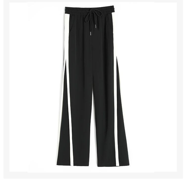 Loose Straight Sport Pants with High Waist and Striped Hem, Casual Baggy Trousers