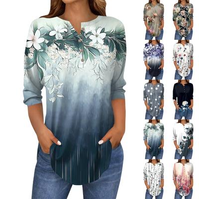 Женская свободная футболка с воротником на пуговицах и винтажным цветочным принтом, рукав три четверти