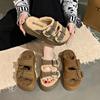 Fashion High Appearance Level Thick Bottom Open Toe Needle Buckle Plush Warm Fashion All Comfortable Non-slip Wear Furry Lady Slippers