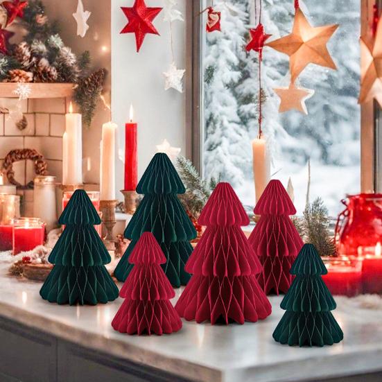 3 Pcs Paper Christmas Tree 3D Honeycomb Tree Tabletop Centerpiece for Holiday Fireplace Mantel Table Decor