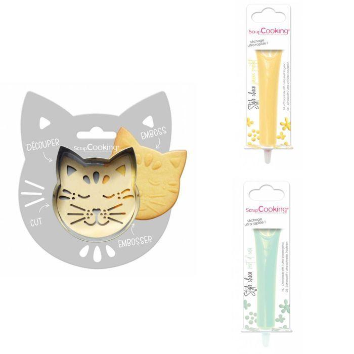 Cat Embossed Biscuit Kit + 2 Pastel Yellow and Water Green Chocolate Pens