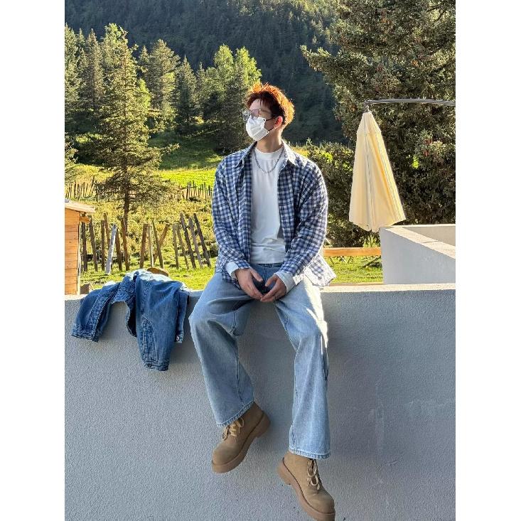 2024 Клетчатая рубашка с длинным рукавом в японском стиле Гонконга Ins Свободная рубашка для мальчиков Летнее модное универсальное повседневное пальто