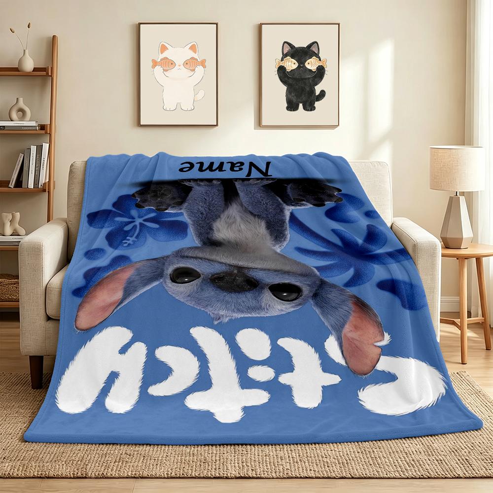 Custom Name Stitch Blue Flannel Blanket Throw Blanket Soft Warm Sofa Bed home Decor Unique Gift