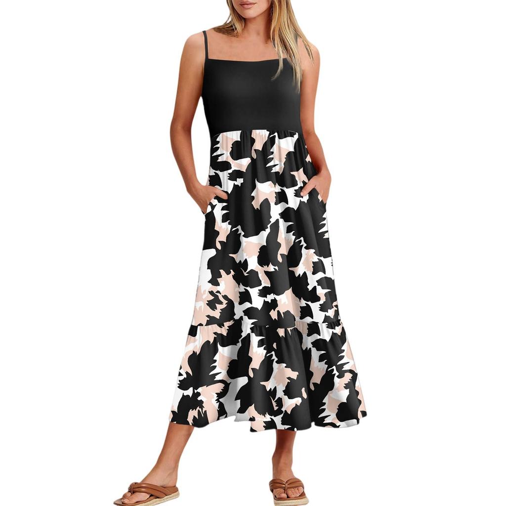 Women's Summer Spaghetti Strap Patchwork Beach Vacation Floral With Pocket Dresses