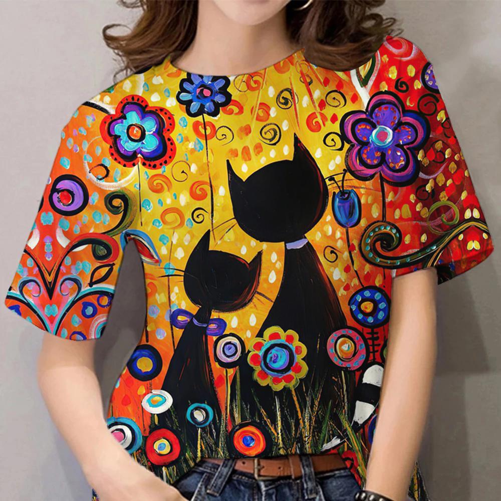 Женская футболка с героями мультфильмов, повседневная одежда с короткими рукавами, топы с кошачьим узором и 3d принтом, футболки, летний пуловер большого размера с круглым вырезом