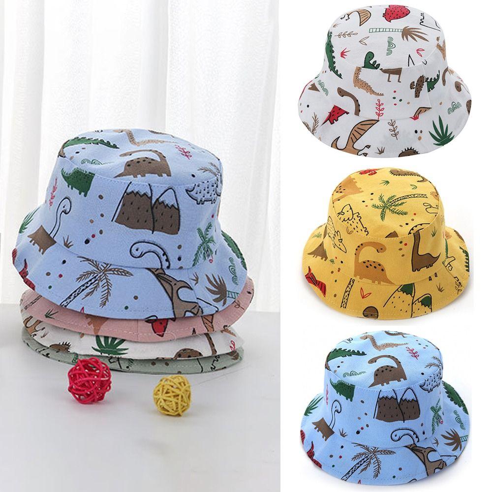 Cartoon Dinosaur Print Baby Bucket Caps Scalp Protection Beach Hat Baby Girls