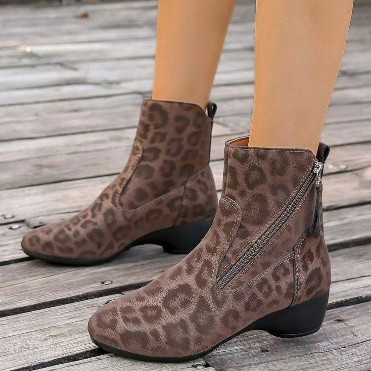 Autumn/Winter Pointed-Toe Wedge Soft Leather Retro Leopard Print Women'S Boots, Side Zipper Design With Chunky Heel, Fashionable