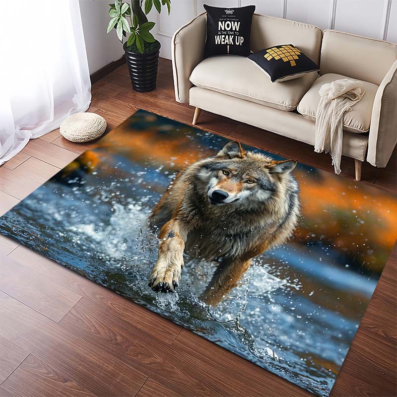 Running Wolf Pack Area Rug, Wild Wolves in Forest Print Non Slip Floor Rug for Living Room Bedroom Home Decor