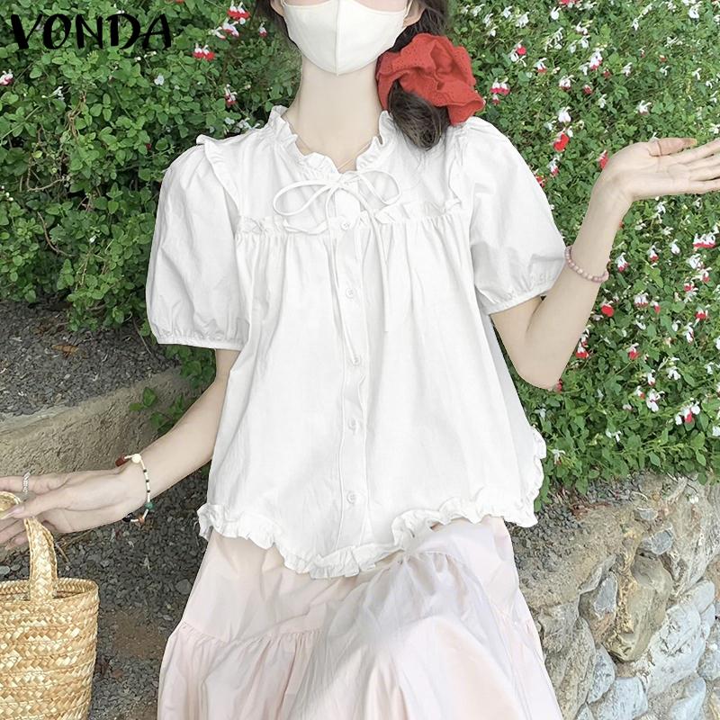 VONDA Women Ruffled Lace-up Neck Short Sleeve Casual Long Blouse