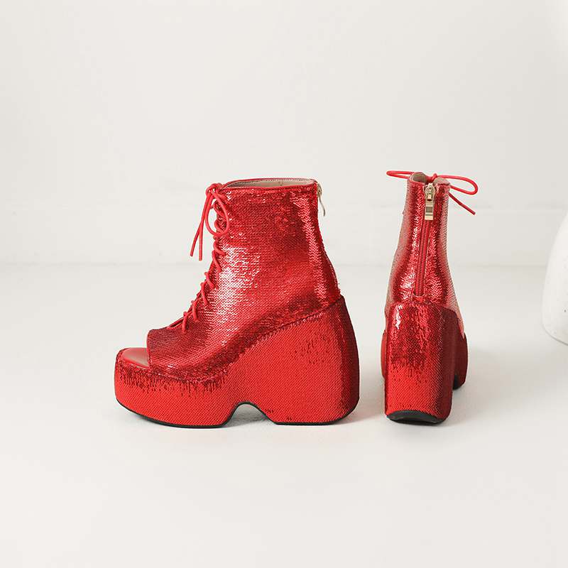 Krazing Pot Блестящая ткань весна лето размер 43 размер 42 женские платформы женские открытый носок сексуальные летние сапоги на шнуровке туфли-лодочки