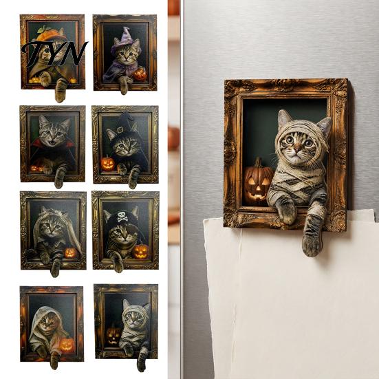 Strong Magnetic Ornaments Halloween Cat Frame Fridge Magnet, Retro Wooden Refrigerator Kitchen Decor Decoration Accessories, Party Favors Office