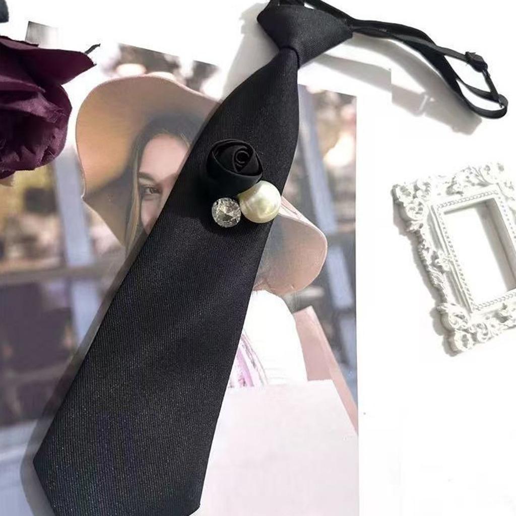 Elegant Womens Black Floral Rhinestones Pearls Pre Tied Neck Tie for Business Meetings and Weddings Adjustable Shirt Tie