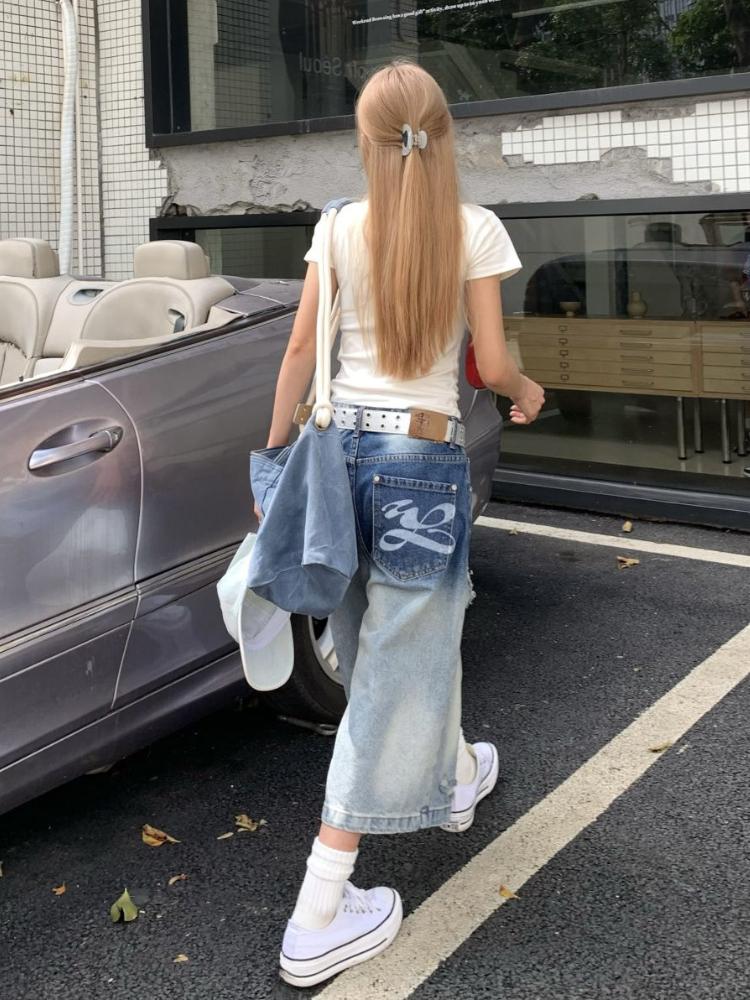 90s Plus Size American Retro Ripped Cropped Jeans Women Y2k Design Sense Shorts Loose High Waisted Straight Wide Leg Pants