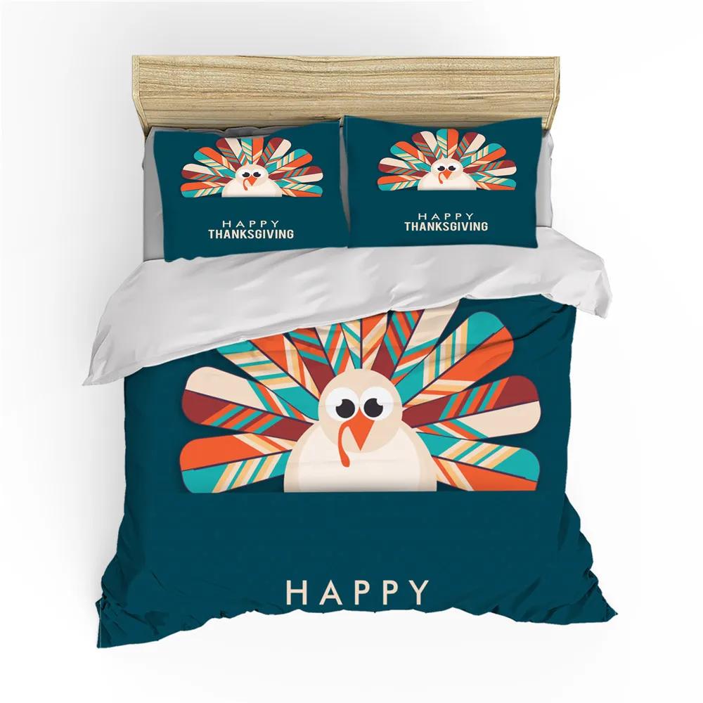 Autumn Thanksgiving Day Duvet Cover King Queen Cartoon Orange Pumpkin Turkey Bedding Set Maple Leaves Soft Polyester Quilt Cover