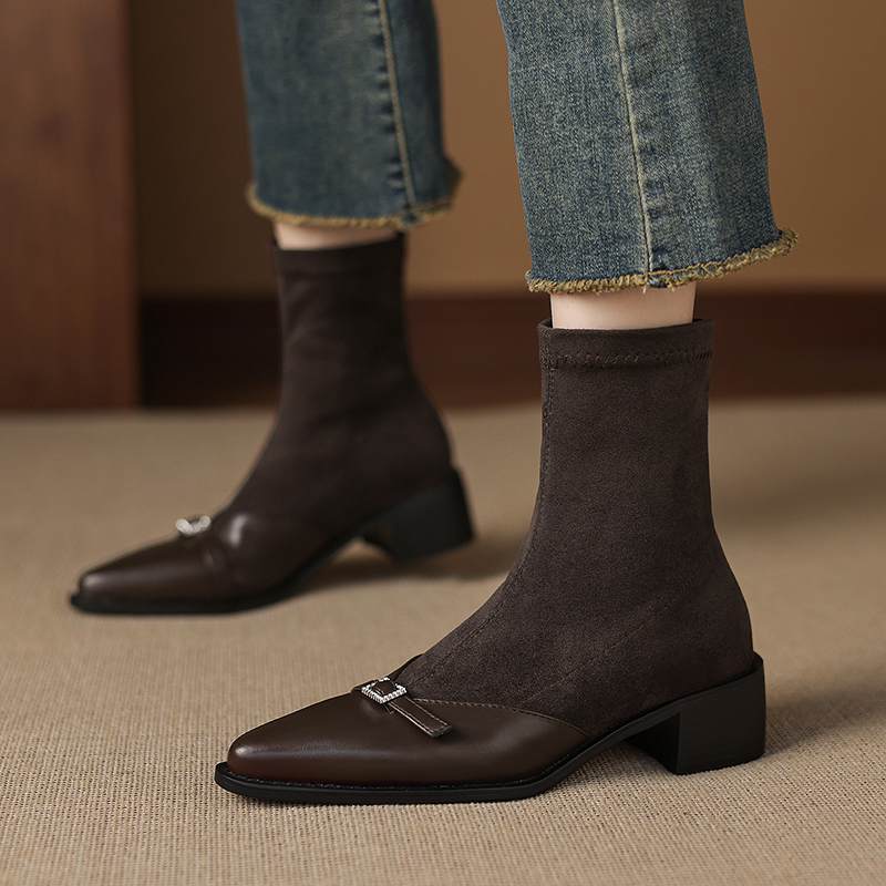 Krazing Po Микрофибра Зимние Остроносые Размер 33 Ковбойские Сапоги Размер 43 Металлическая Пряжка Толстый Каблук Эластичные Ботильоны