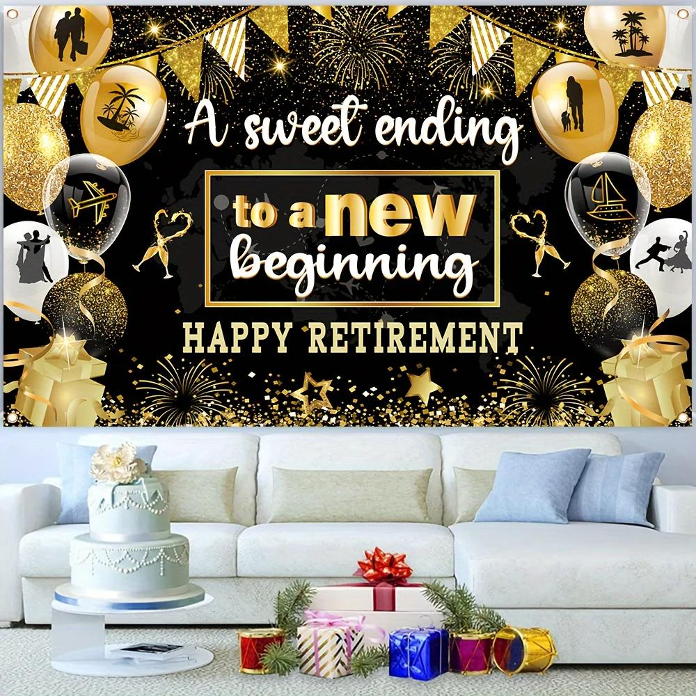 1PC, black and gold retirement banner, 180 cm x 110 cm / 70.8 inches x 43.3 inchesDJH