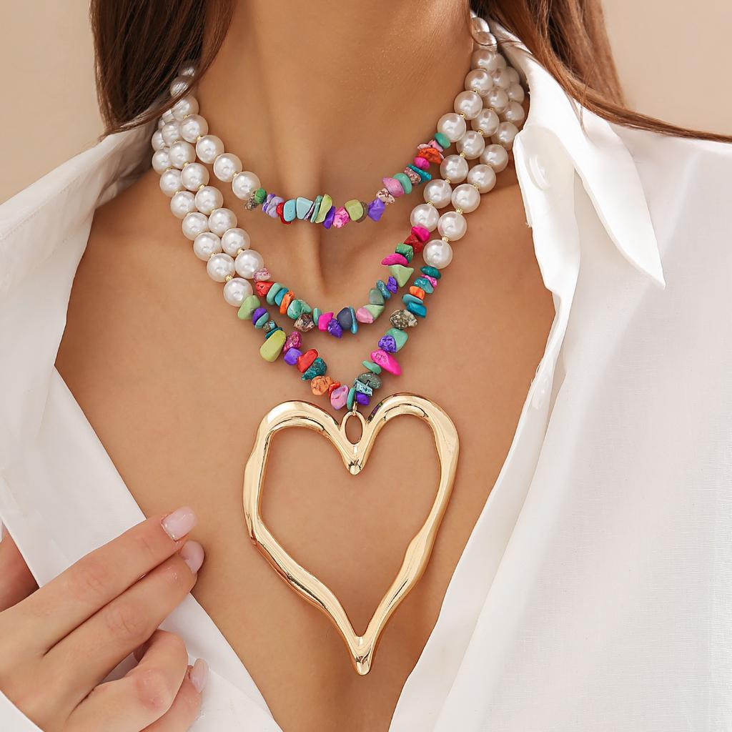 Ingemark Elegant Big Love Heart Pendant Choker Necklace for Women Multilayer Imitation Pearl Chain Grunge Jewelry Steampunk Gift