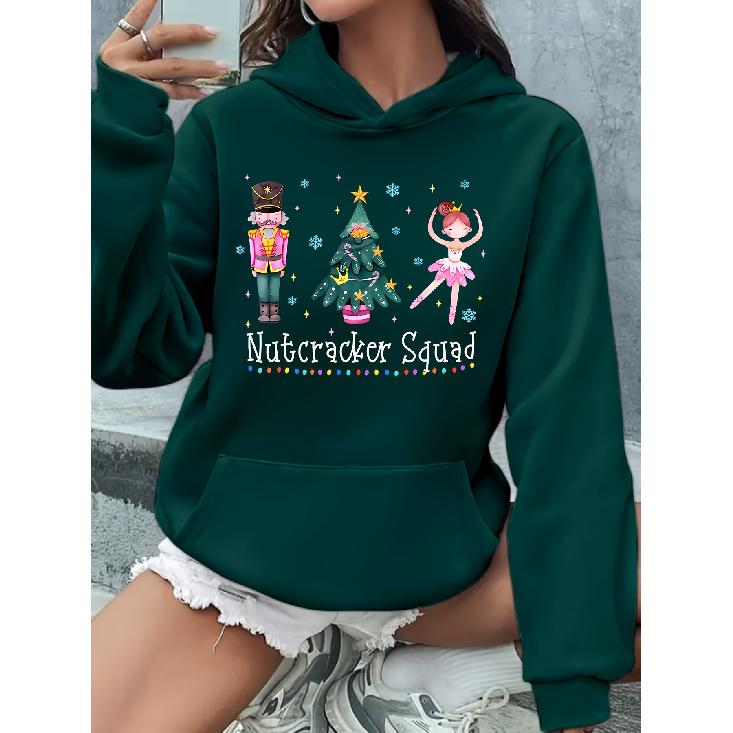 Loose Casual Women's Hoodie with Nutcracker Tree Print, Comfortable & Fashionable