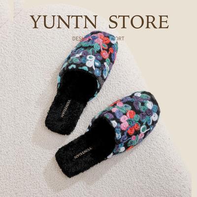 Женские тапочки из замши с цветочной текстурой и шерстяной смесью, с флисовой подкладкой, для осени/зимы