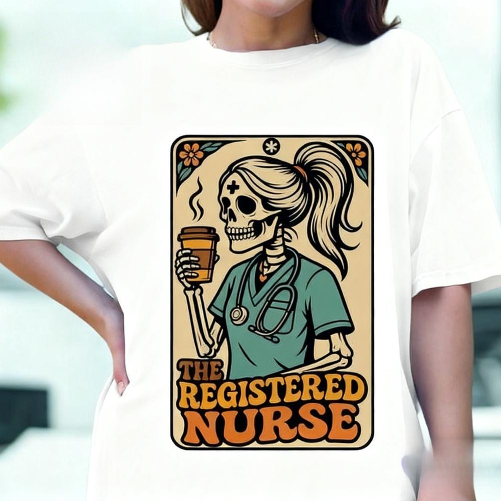 Retro Registered Nurse Shirt Skeleton Coffee Tee Tarot Card Nurse Gift Funny Appreciation Graduation Gift Tshirt Women Casual T