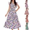 Women's V-neck Pleated Flying Sleeves Printed Mid-length Dress